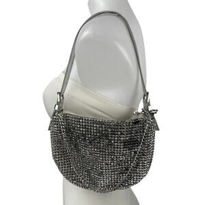 Aldo Mistera Silver Rhinestone Sparkly Shimmer Crescent Half Moon Shoulder Bag